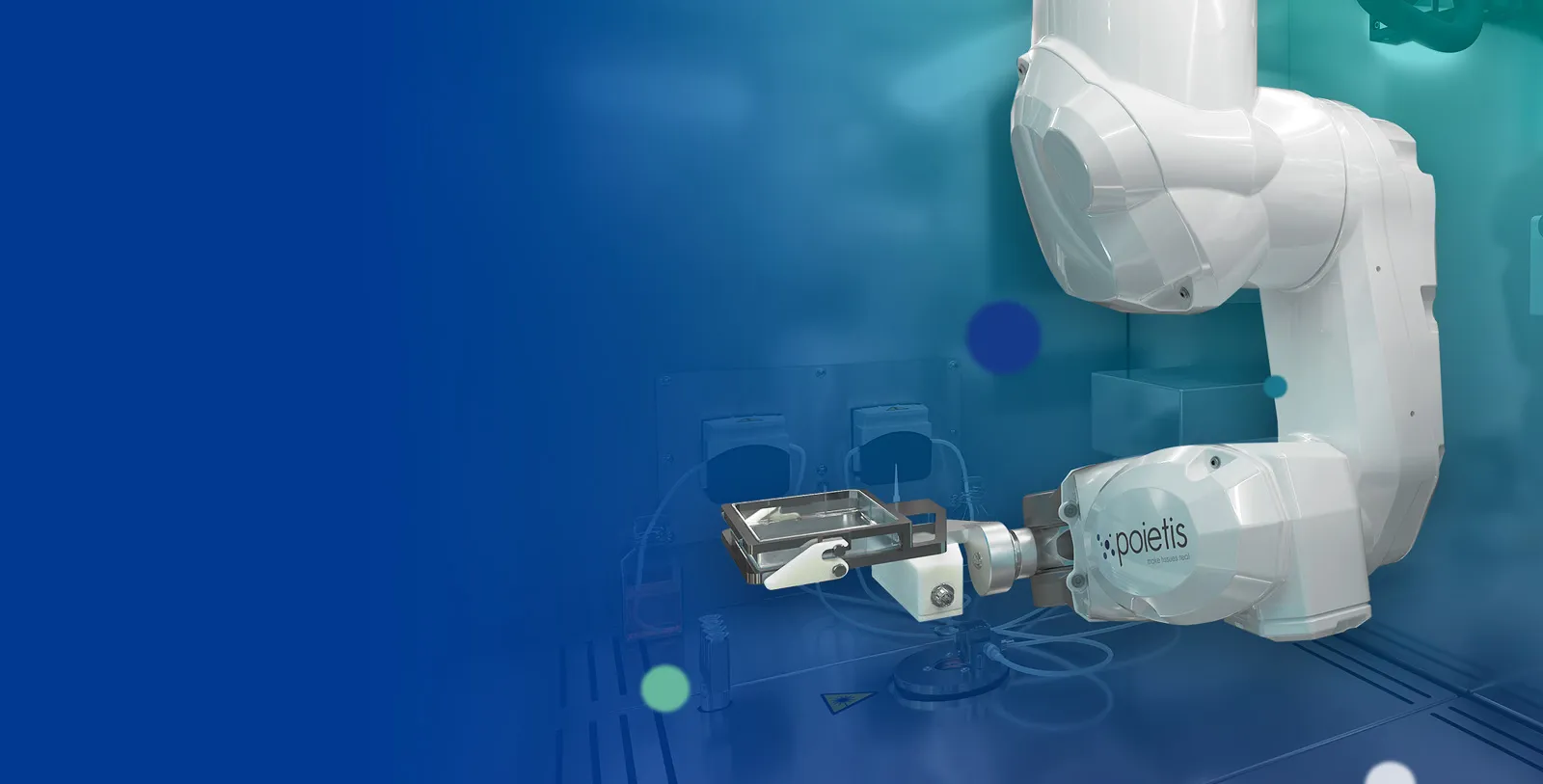 Poietis NGB 6-axis robotic bioprinting arm holding a print plate